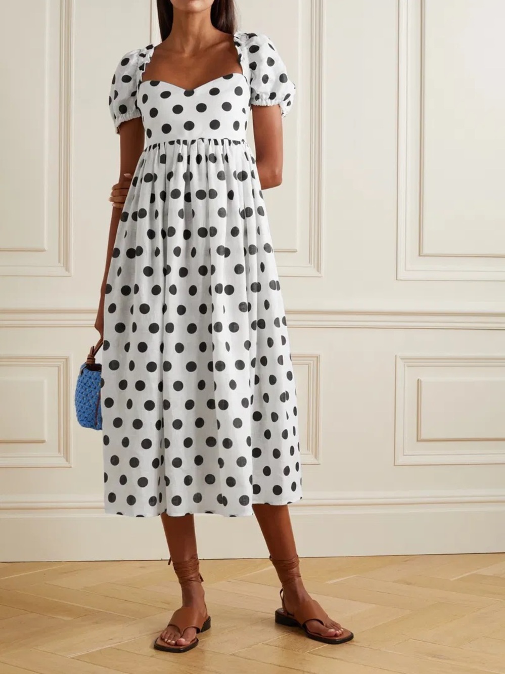 SLEEPER Picnic Shirred Polka-Dot Linen Midi Dress